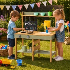 Neo Kids Wooden Outdoor Mud Kitchen Water Tap Sink Chalkboard